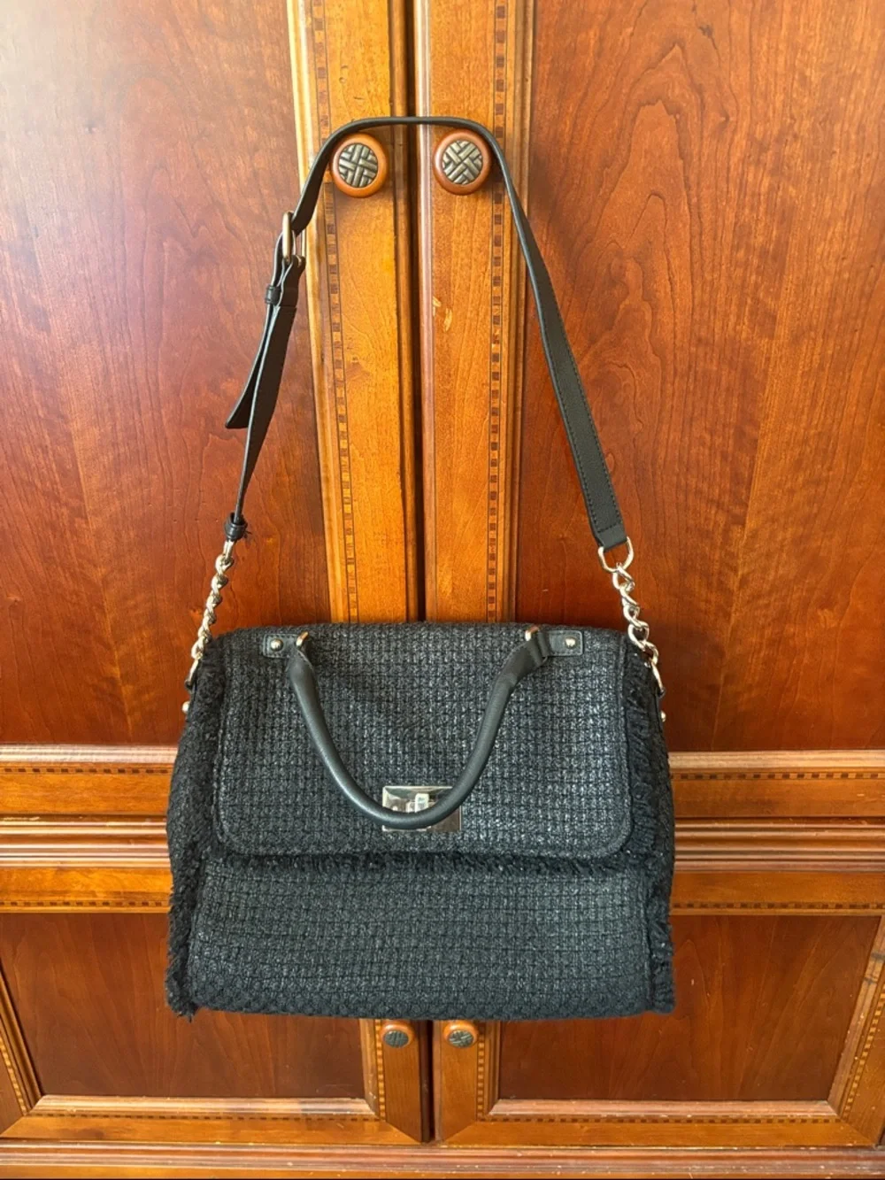 kate spade Black tuxedo hill Nadine Tweed Satchel large with Gold-Tone Turnlock